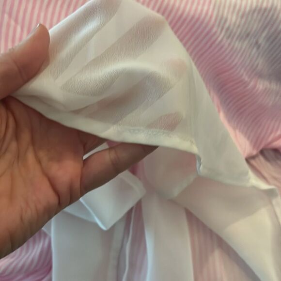A Loves A Pinstripe Pink and White Striped Tiered Midi Shirt Dress, size L - Picture 9 of 10